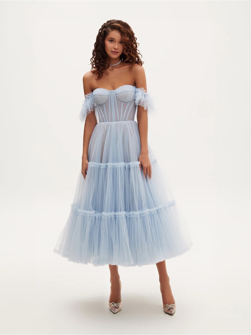 Romantic Off-Shoulder Light Blue Midi Tulle Dress